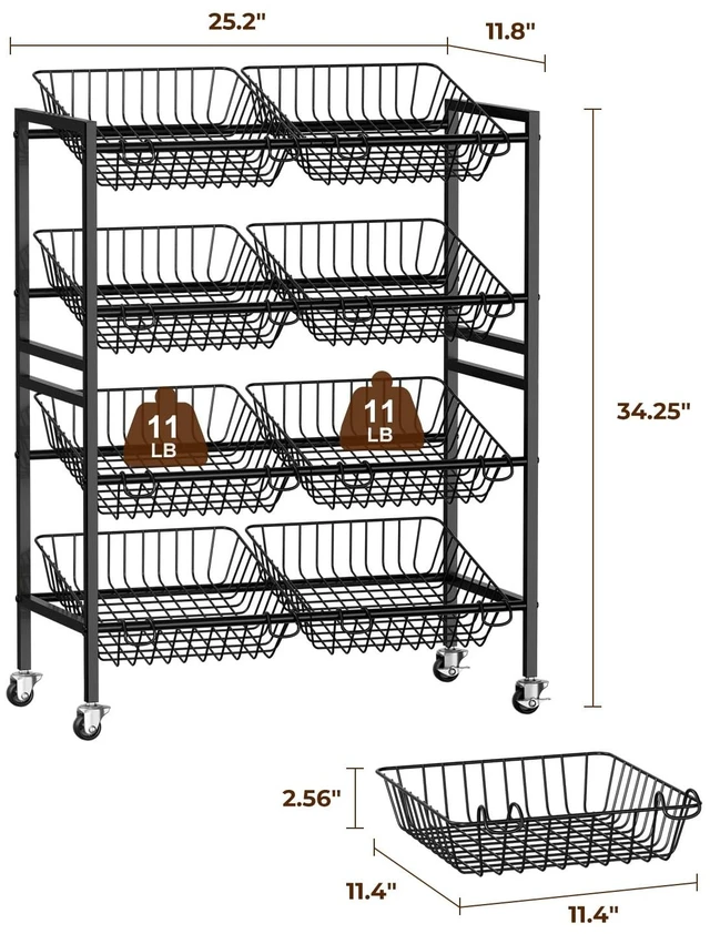 Alt view image 2 of 7 - 25.2" W Kitchen Storage Cart, 4-Tier Snack Cart with Wheels | Metal Fruit Basket Vegetable Stand, Pantry Storage Organizer with 8 Removable Baskets for Onion Potato, Black