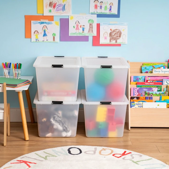 Alt view image 2 of 7 - 4-Pack 55 Quart Clip Box with Latching Lid | 21.88"L x 15.31"W x 15.5"H, Clear storage bin with secure latching lid, Stackable organizer for household storage