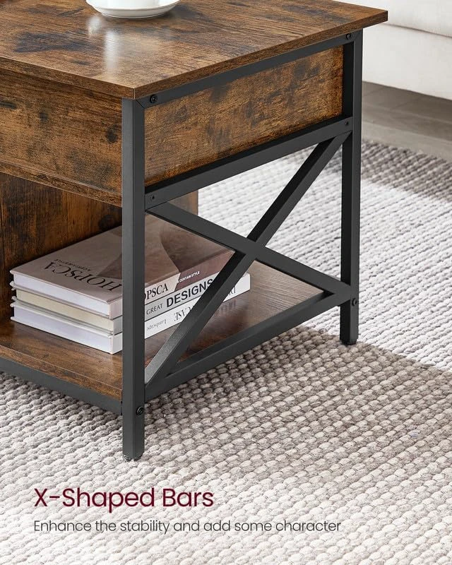 Alt view image 7 of 7 - Lift Top Coffee Table with Storage Shelf, 3 Compartments | Coffee Table for Living Room, Adjustable Height, 19.7 x 39.4 x (19.3-24.4) Inches, Rustic Brown and Black ULCT202B01