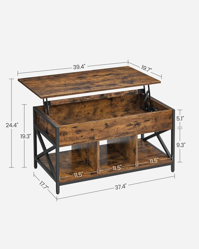 Alt view image 6 of 7 - Lift Top Coffee Table with Storage Shelf, 3 Compartments | Coffee Table for Living Room, Adjustable Height, 19.7 x 39.4 x (19.3-24.4) Inches, Rustic Brown and Black ULCT202B01