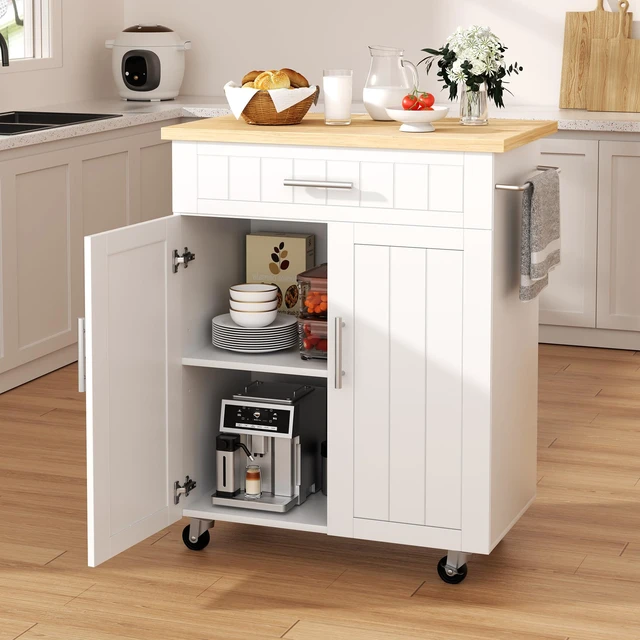 Main image of Kitchen Island Cart with Storage, Rolling Microwave Table | Portable Bar Cabinet on Wheels, Rolling Microwave Cart Side Table with Workstation for Kitchen, Dinning Room, White