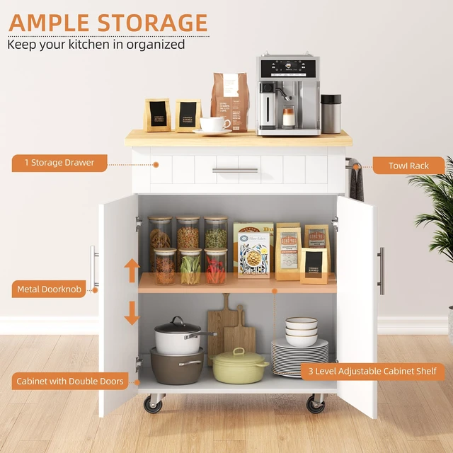 Alt view image 3 of 4 - Kitchen Island Cart with Storage, Rolling Microwave Table | Portable Bar Cabinet on Wheels, Rolling Microwave Cart Side Table with Workstation for Kitchen, Dinning Room, White
