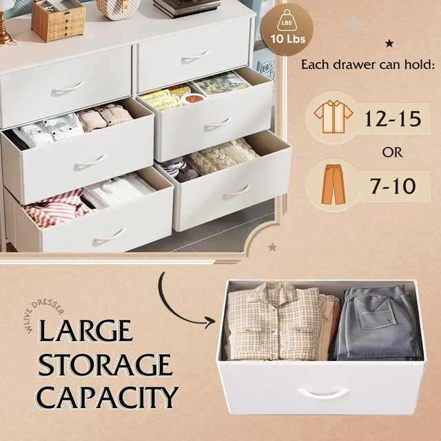Alt view image 4 of 7 - Dresser for Bedroom with 6 Fabric Drawers, White | Closet Dresser, Metal Frame, Wooden Top, Fabric Dresser for Closet, Living Room, Hallway