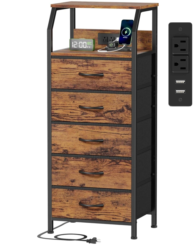 Main image of 5 Drawers Dresser with Charging Station, Tall Nightstand, Brown | Tall Dorm Nightstand, Fabric Chest of Drawers with Storage Shelf, Skinny Dresser for Bedroom, Closet, Entryway, 3 Ways to Use