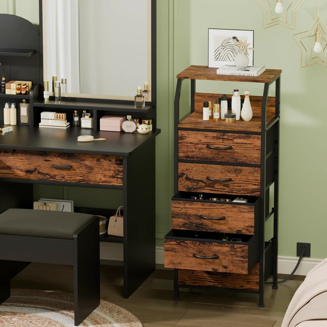 Alt view image 2 of 7 - 5 Drawers Dresser with Charging Station, Tall Nightstand, Brown | Tall Dorm Nightstand, Fabric Chest of Drawers with Storage Shelf, Skinny Dresser for Bedroom, Closet, Entryway, 3 Ways to Use