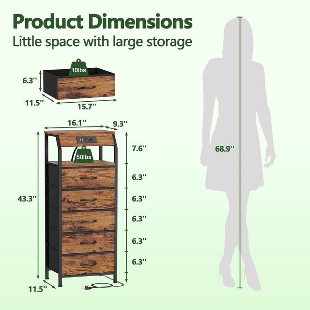 Alt view image 3 of 7 - 5 Drawers Dresser with Charging Station, Tall Nightstand, Brown | Tall Dorm Nightstand, Fabric Chest of Drawers with Storage Shelf, Skinny Dresser for Bedroom, Closet, Entryway, 3 Ways to Use