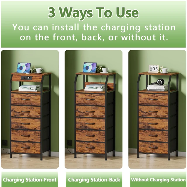 Alt view image 6 of 7 - 5 Drawers Dresser with Charging Station, Tall Nightstand, Brown | Tall Dorm Nightstand, Fabric Chest of Drawers with Storage Shelf, Skinny Dresser for Bedroom, Closet, Entryway, 3 Ways to Use