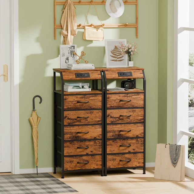 Alt view image 4 of 7 - 5 Drawers Dresser with Charging Station, Tall Nightstand, Brown | Tall Dorm Nightstand, Fabric Chest of Drawers with Storage Shelf, Skinny Dresser for Bedroom, Closet, Entryway, 3 Ways to Use