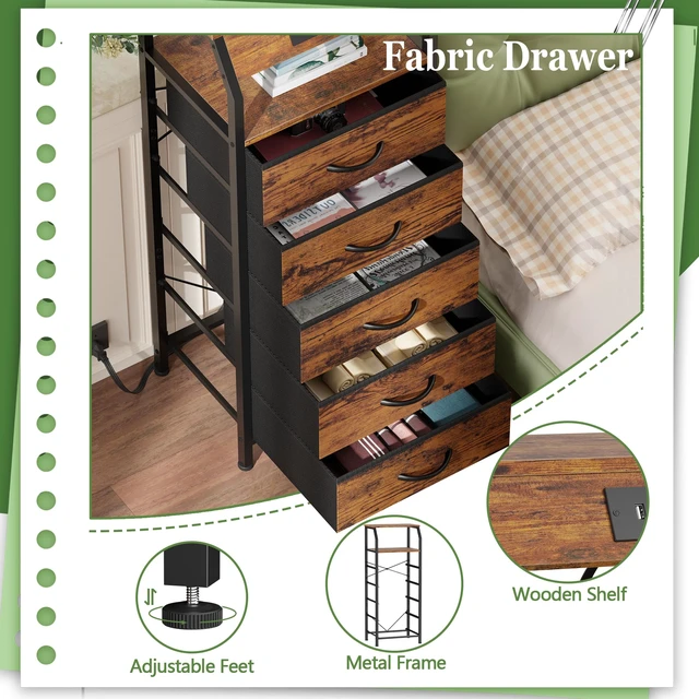 Alt view image 7 of 7 - 5 Drawers Dresser with Charging Station, Tall Nightstand, Brown | Tall Dorm Nightstand, Fabric Chest of Drawers with Storage Shelf, Skinny Dresser for Bedroom, Closet, Entryway, 3 Ways to Use
