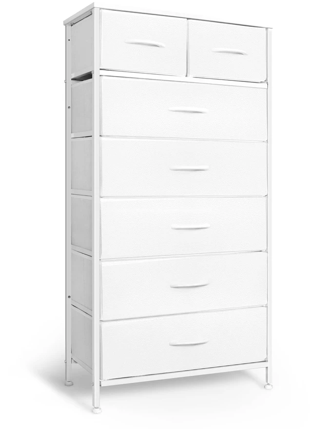 Main image of Tall Dresser for Bedroom, Vertical Storage Organizer Tower with 7 Drawers, Chest of Drawers with Fabric Bins, Steel Frame, Wood Top for Bedroom, Closet, Entryway- White
