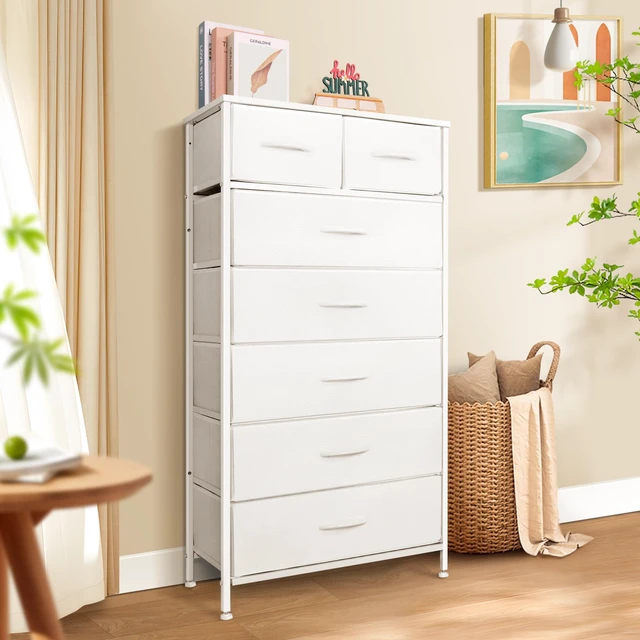 Alt view image 2 of 7 - Tall Dresser for Bedroom, Vertical Storage Organizer Tower with 7 Drawers, Chest of Drawers with Fabric Bins, Steel Frame, Wood Top for Bedroom, Closet, Entryway- White