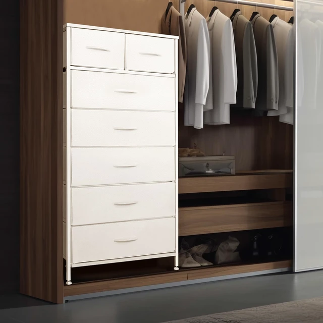 Alt view image 3 of 7 - Tall Dresser for Bedroom, Vertical Storage Organizer Tower with 7 Drawers, Chest of Drawers with Fabric Bins, Steel Frame, Wood Top for Bedroom, Closet, Entryway- White