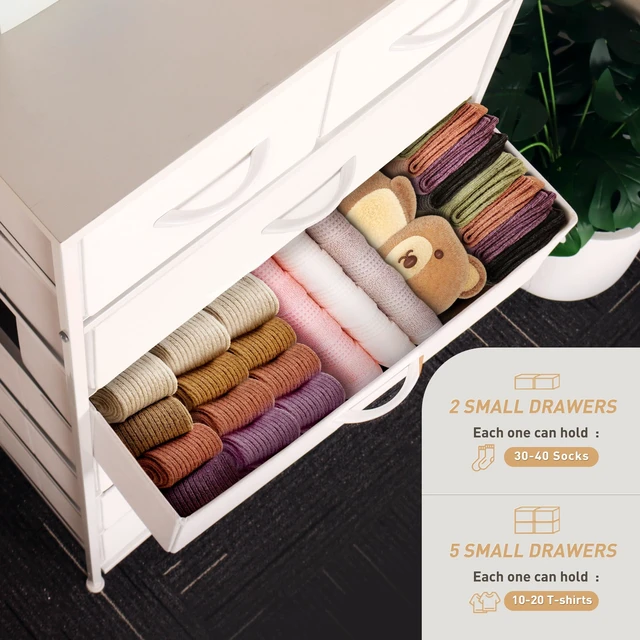 Alt view image 4 of 7 - Tall Dresser for Bedroom, Vertical Storage Organizer Tower with 7 Drawers, Chest of Drawers with Fabric Bins, Steel Frame, Wood Top for Bedroom, Closet, Entryway- White