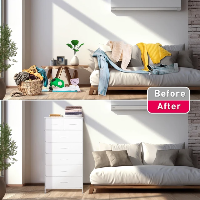 Alt view image 5 of 7 - Tall Dresser for Bedroom, Vertical Storage Organizer Tower with 7 Drawers, Chest of Drawers with Fabric Bins, Steel Frame, Wood Top for Bedroom, Closet, Entryway- White