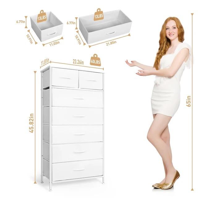 Alt view image 7 of 7 - Tall Dresser for Bedroom, Vertical Storage Organizer Tower with 7 Drawers, Chest of Drawers with Fabric Bins, Steel Frame, Wood Top for Bedroom, Closet, Entryway- White