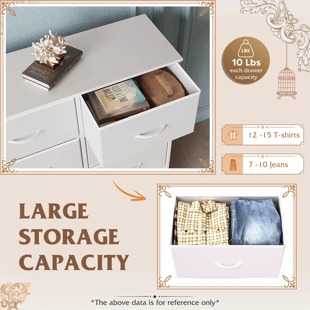 Alt view image 3 of 7 - Dresser for Bedroom with 6 Drawers, White | Closet Dresser, Metal Frame, Wooden Top, Fabric Dresser for Closet, Living Room, Hallway