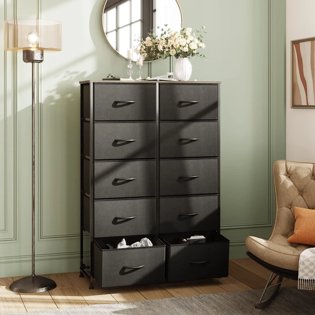 Alt view image 2 of 7 - Tall Dresser for Bedroom with 10 Drawers, Black | 10 Drawers, Fabric Dresser for Closet, Storage Tower with Cabinet, Metal Frame