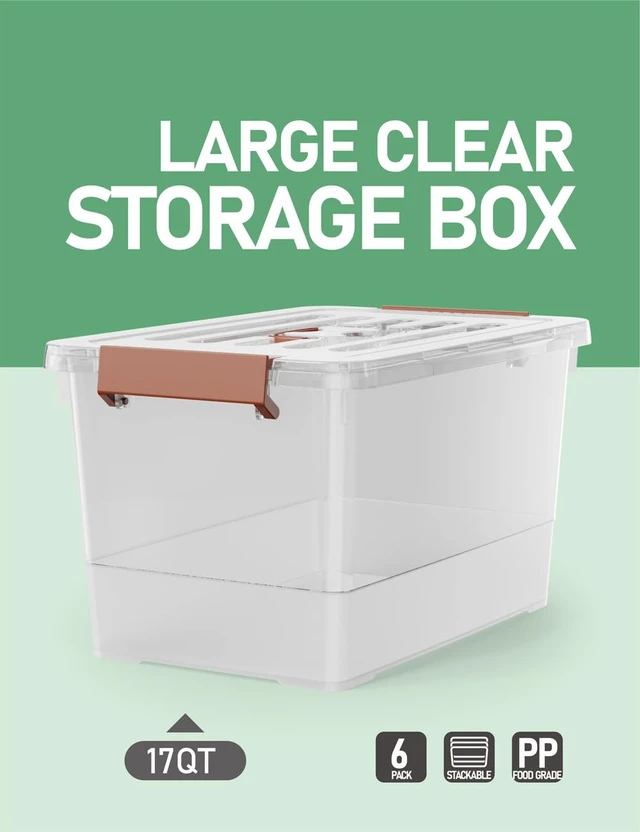 Alt view image 4 of 7 - 6 Pack 17qt Clear Plastic Storage Bin with Lid and Latching Buckles, Stackable Tote Organizing Box with Handle