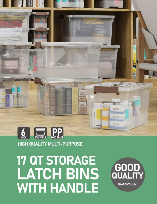 Alt view image 5 of 7 - 6 Pack 17qt Clear Plastic Storage Bin with Lid and Latching Buckles, Stackable Tote Organizing Box with Handle