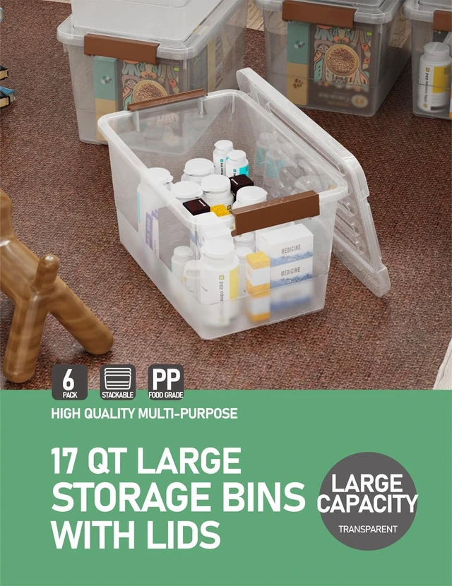 Alt view image 6 of 7 - 6 Pack 17qt Clear Plastic Storage Bin with Lid and Latching Buckles, Stackable Tote Organizing Box with Handle