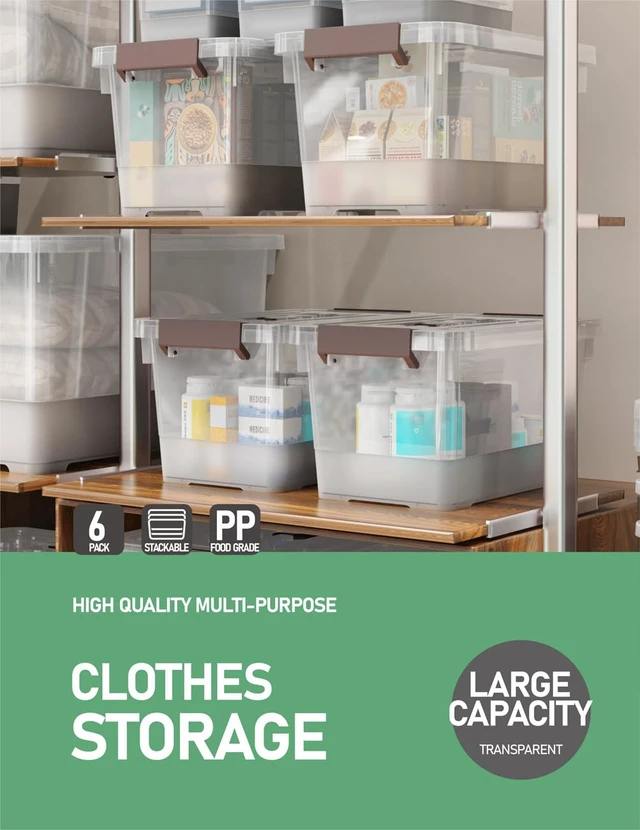 Alt view image 7 of 7 - 6 Pack 17qt Clear Plastic Storage Bin with Lid and Latching Buckles, Stackable Tote Organizing Box with Handle