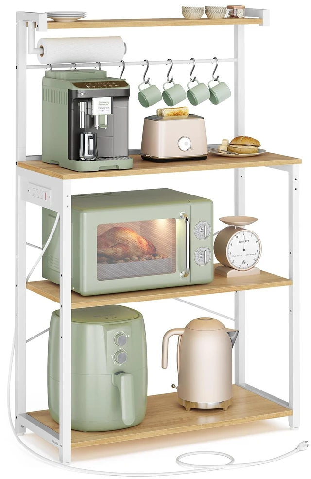 Main image of 4-Tier Kitchen Bakers Rack with Power Outlet, 31.5-Inch Wide | Microwave Stand, Coffee Bar, with 8 S Hooks, Adjustable Shelf, Golden Oak and Cloud White, BARNET Collection UKKS029YA01