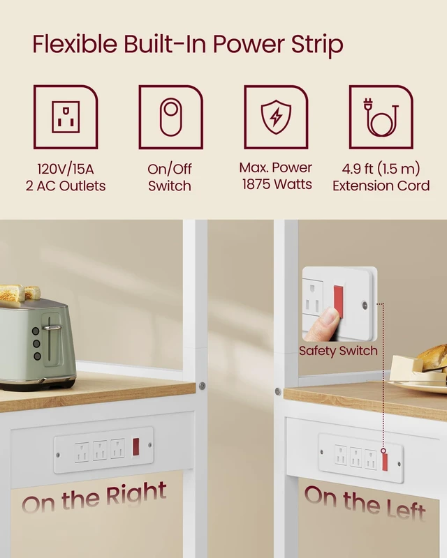 Alt view image 2 of 5 - 4-Tier Kitchen Bakers Rack with Power Outlet, 31.5-Inch Wide | Microwave Stand, Coffee Bar, with 8 S Hooks, Adjustable Shelf, Golden Oak and Cloud White, BARNET Collection UKKS029YA01