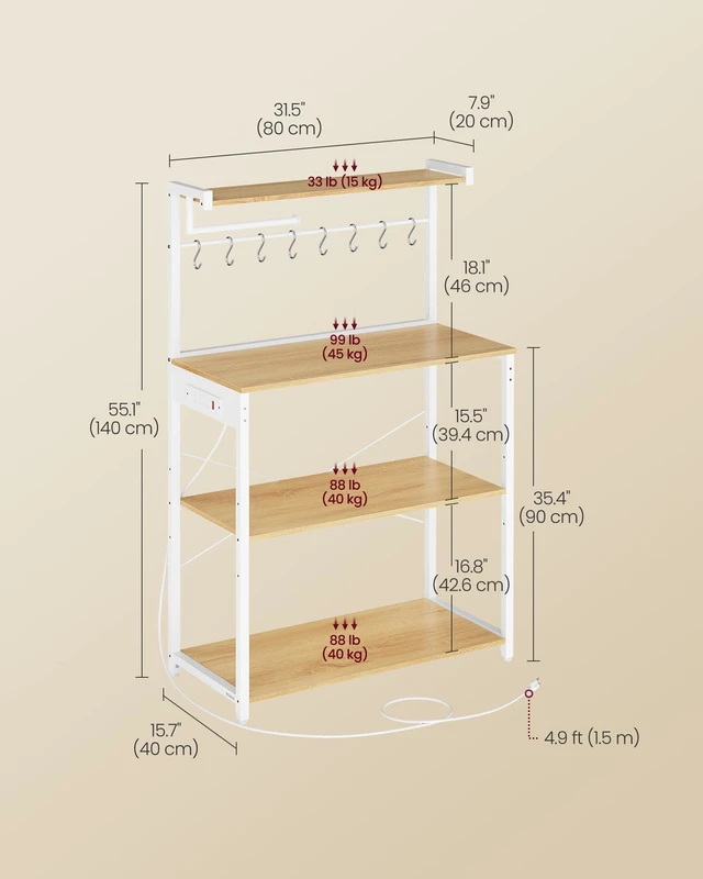 Alt view image 4 of 5 - 4-Tier Kitchen Bakers Rack with Power Outlet, 31.5-Inch Wide | Microwave Stand, Coffee Bar, with 8 S Hooks, Adjustable Shelf, Golden Oak and Cloud White, BARNET Collection UKKS029YA01