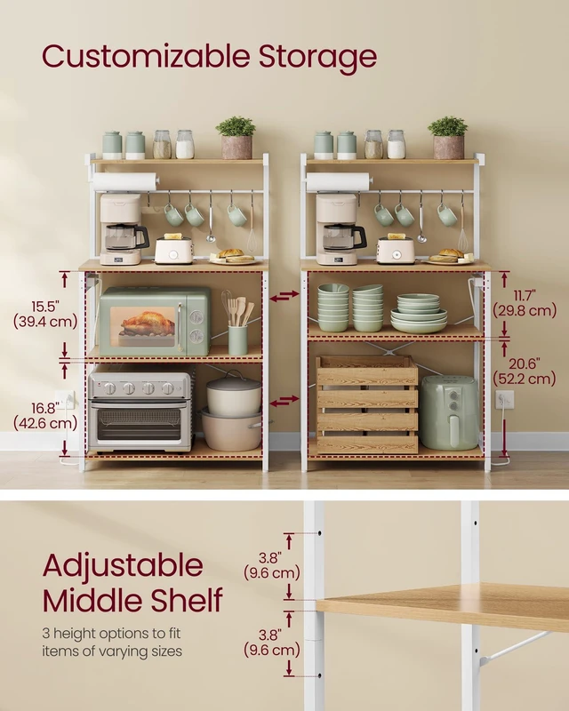 Alt view image 3 of 5 - 4-Tier Kitchen Bakers Rack with Power Outlet, 31.5-Inch Wide | Microwave Stand, Coffee Bar, with 8 S Hooks, Adjustable Shelf, Golden Oak and Cloud White, BARNET Collection UKKS029YA01