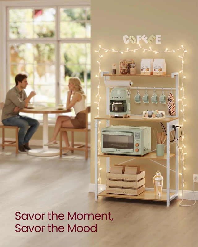 Alt view image 5 of 5 - 4-Tier Kitchen Bakers Rack with Power Outlet, 31.5-Inch Wide | Microwave Stand, Coffee Bar, with 8 S Hooks, Adjustable Shelf, Golden Oak and Cloud White, BARNET Collection UKKS029YA01