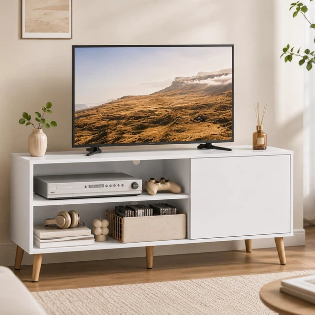 Main image of TV Stand for 55 Inch TVs, Entertainment Center with Storage Cabinet, Mid-Century Modern TV Stands for Living Room and Bedroom, Media TV Console, White