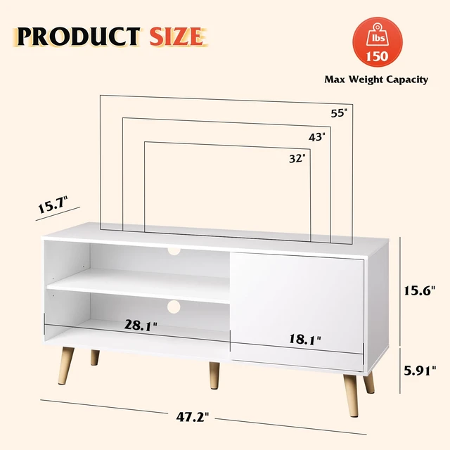 Alt view image 2 of 7 - TV Stand for 55 Inch TVs, Entertainment Center with Storage Cabinet, Mid-Century Modern TV Stands for Living Room and Bedroom, Media TV Console, White