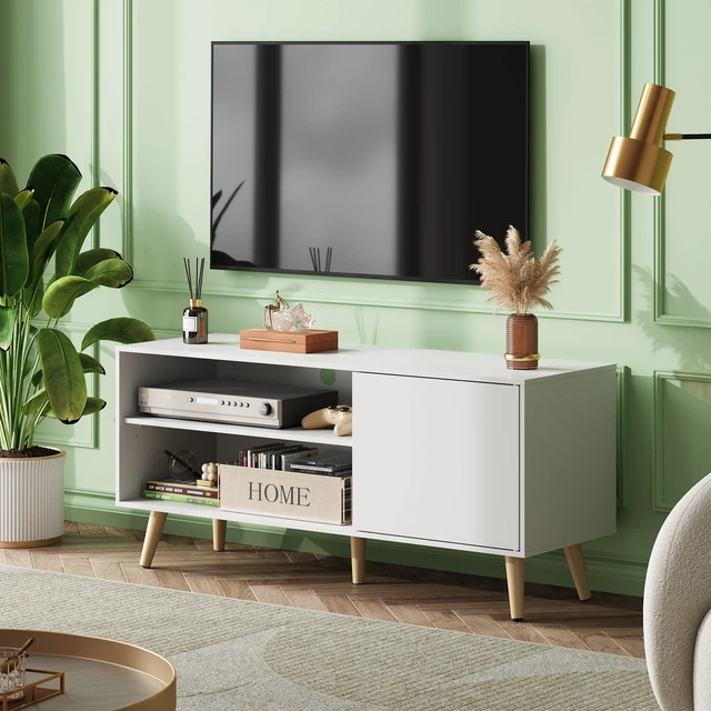Alt view image 3 of 7 - TV Stand for 55 Inch TVs, Entertainment Center with Storage Cabinet, Mid-Century Modern TV Stands for Living Room and Bedroom, Media TV Console, White