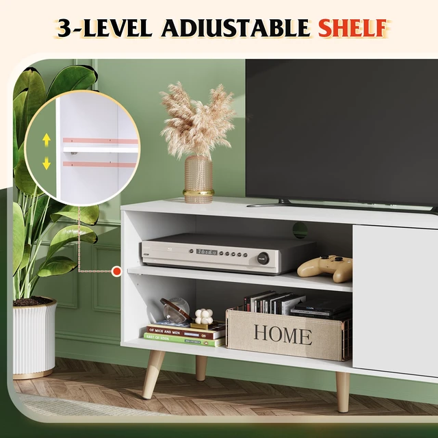 Alt view image 4 of 7 - TV Stand for 55 Inch TVs, Entertainment Center with Storage Cabinet, Mid-Century Modern TV Stands for Living Room and Bedroom, Media TV Console, White