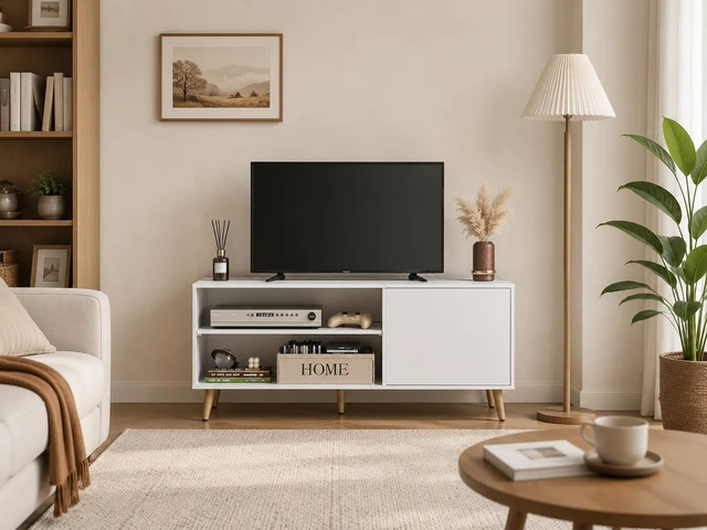 Alt view image 7 of 7 - TV Stand for 55 Inch TVs, Entertainment Center with Storage Cabinet, Mid-Century Modern TV Stands for Living Room and Bedroom, Media TV Console, White