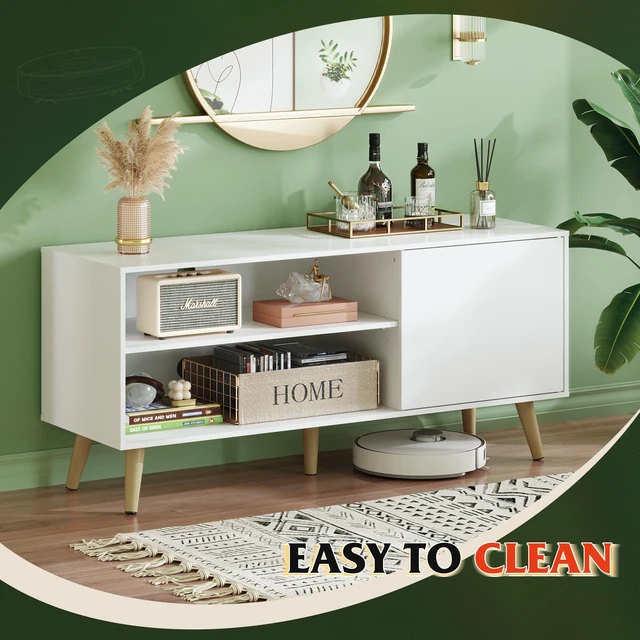Alt view image 6 of 7 - TV Stand for 55 Inch TVs, Entertainment Center with Storage Cabinet, Mid-Century Modern TV Stands for Living Room and Bedroom, Media TV Console, White