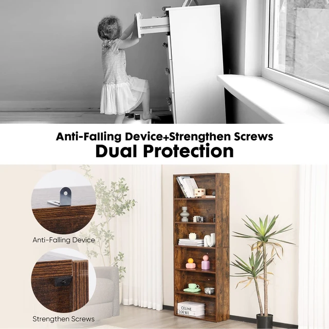 Alt view image 5 of 7 - Tall Bookshelf, Book Shelf, Storage Organizer Book Shelf | 6 Tier Bookcase, 63 Inch Shelf Floor Standing Corner Unit, Living Room, Home Office, Kitchen, Bedroom, Rustic Wood