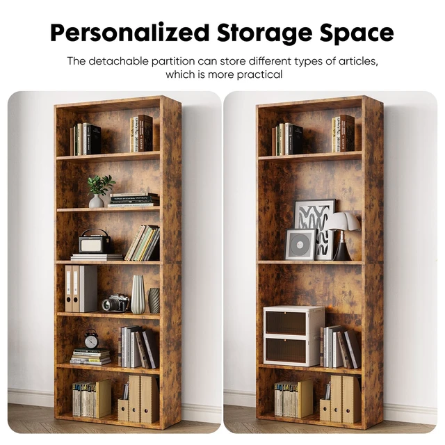 Alt view image 6 of 7 - Tall Bookshelf, Book Shelf, Storage Organizer Book Shelf | 6 Tier Bookcase, 63 Inch Shelf Floor Standing Corner Unit, Living Room, Home Office, Kitchen, Bedroom, Rustic Wood