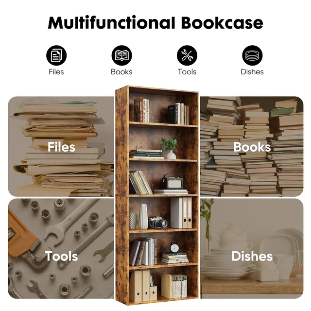 Alt view image 7 of 7 - Tall Bookshelf, Book Shelf, Storage Organizer Book Shelf | 6 Tier Bookcase, 63 Inch Shelf Floor Standing Corner Unit, Living Room, Home Office, Kitchen, Bedroom, Rustic Wood