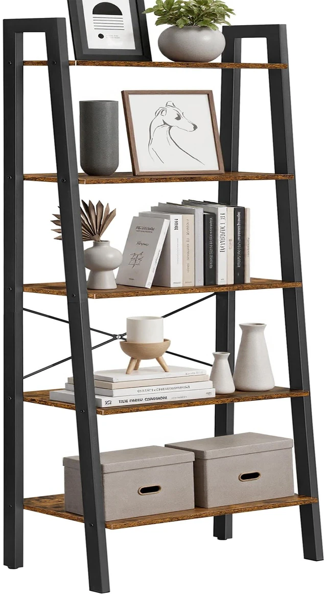 Main image of Ladder Shelf, Bookcase Book Shelf, Storage Shelves, 5-Tier, 22In | Bookshelves, Narrow bookshelf, Toddler bookshelf, Kitchen, Bedroom, Rustic Brown and Matte Black, BARNET Collection ULLS45X