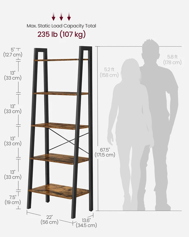 Alt view image 3 of 7 - Ladder Shelf, Bookcase Book Shelf, Storage Shelves, 5-Tier, 22In | Bookshelves, Narrow bookshelf, Toddler bookshelf, Kitchen, Bedroom, Rustic Brown and Matte Black, BARNET Collection ULLS45X