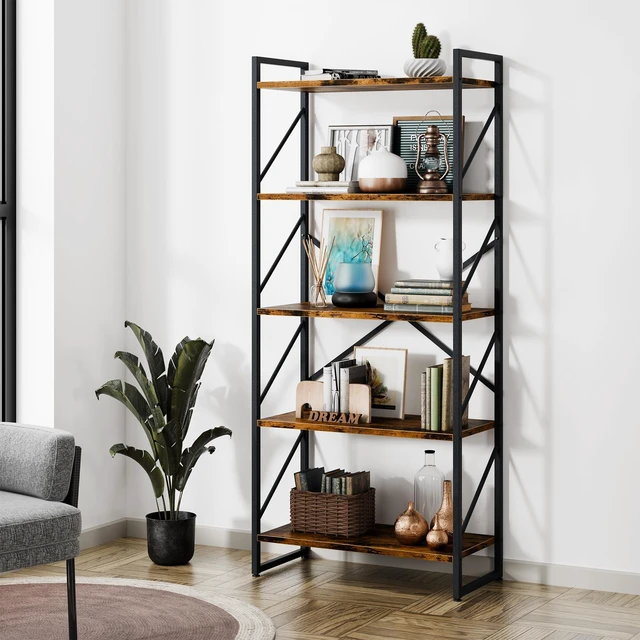 Main image of 5 Tiers Bookshelf, Tall Bookshelves, Open Display Bookcase | Industrial Book Rack for Bedroom/Living Room/Home/Office, Storage Rack Shelves for Books/Movies-Rustic Brown