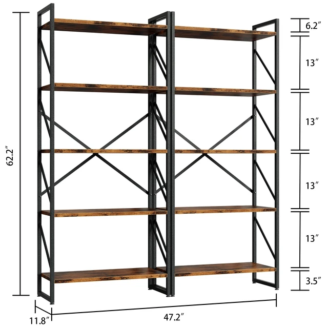 Alt view image 2 of 6 - 5 Tiers Bookshelf, Tall Bookshelves, Open Display Bookcase | Industrial Book Rack for Bedroom/Living Room/Home/Office, Storage Rack Shelves for Books/Movies-Rustic Brown
