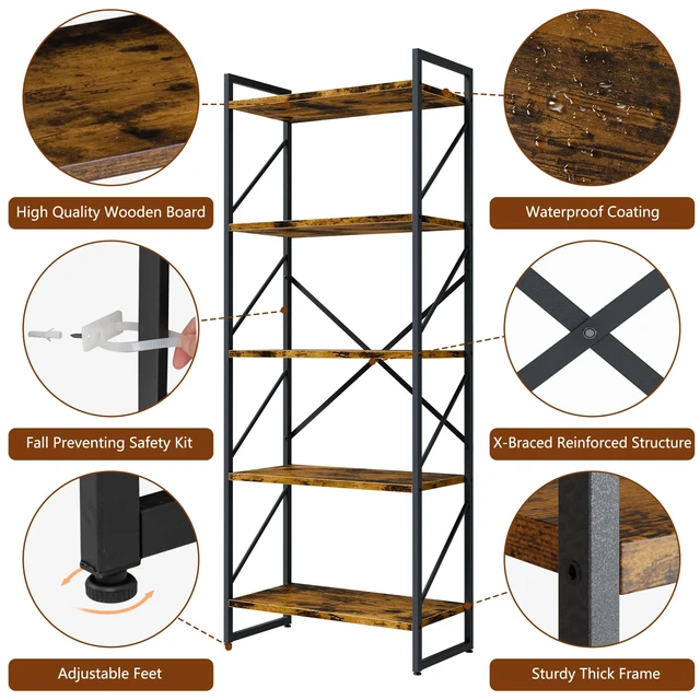 Alt view image 3 of 6 - 5 Tiers Bookshelf, Tall Bookshelves, Open Display Bookcase | Industrial Book Rack for Bedroom/Living Room/Home/Office, Storage Rack Shelves for Books/Movies-Rustic Brown