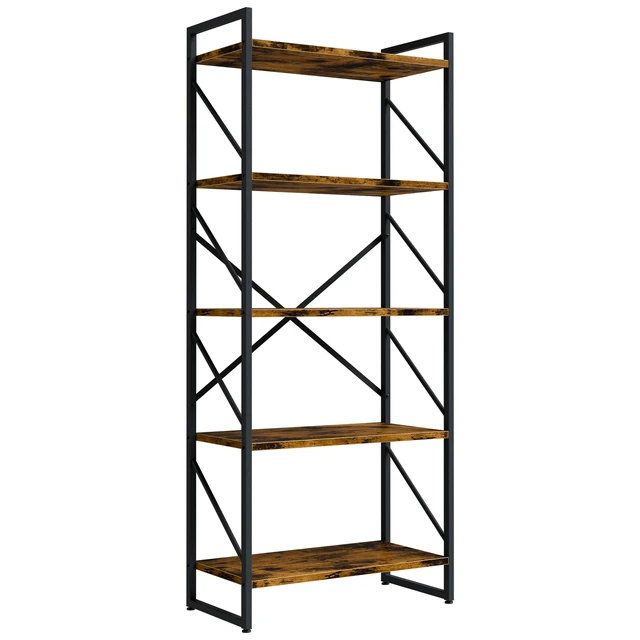 Alt view image 6 of 6 - 5 Tiers Bookshelf, Tall Bookshelves, Open Display Bookcase | Industrial Book Rack for Bedroom/Living Room/Home/Office, Storage Rack Shelves for Books/Movies-Rustic Brown