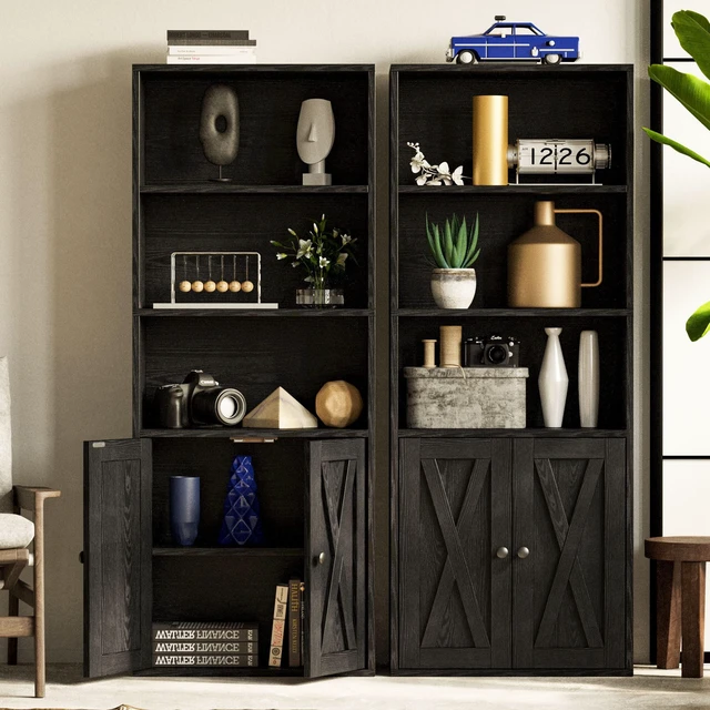 Alt view image 2 of 7 - Industrial Bookshelves and Bookcases with Doors and Shelves | 11.8in Deeper engineered-wood, concealed storage, anti-tip bracket, each shelf supports up to 22 lbs, 5-Tier Storage Shelves