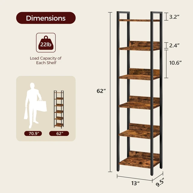 Alt view image 3 of 7 - Bookshelf, 6-Tier Bookcase, Standing Book Shelf for Small Space, Storage Shelf Organizer, for Living Room, Bedroom, Study, Balcony, Rustic Brown and Black BKHR6601