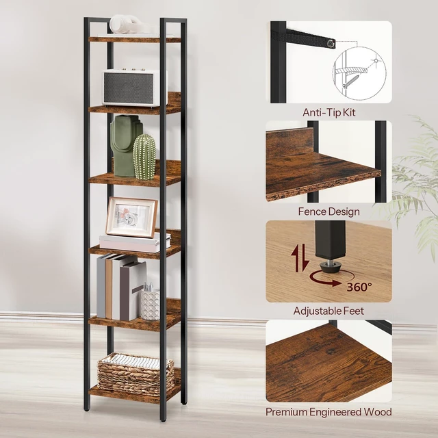 Alt view image 4 of 7 - Bookshelf, 6-Tier Bookcase, Standing Book Shelf for Small Space, Storage Shelf Organizer, for Living Room, Bedroom, Study, Balcony, Rustic Brown and Black BKHR6601