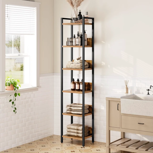 Alt view image 6 of 7 - Bookshelf, 6-Tier Bookcase, Standing Book Shelf for Small Space, Storage Shelf Organizer, for Living Room, Bedroom, Study, Balcony, Rustic Brown and Black BKHR6601