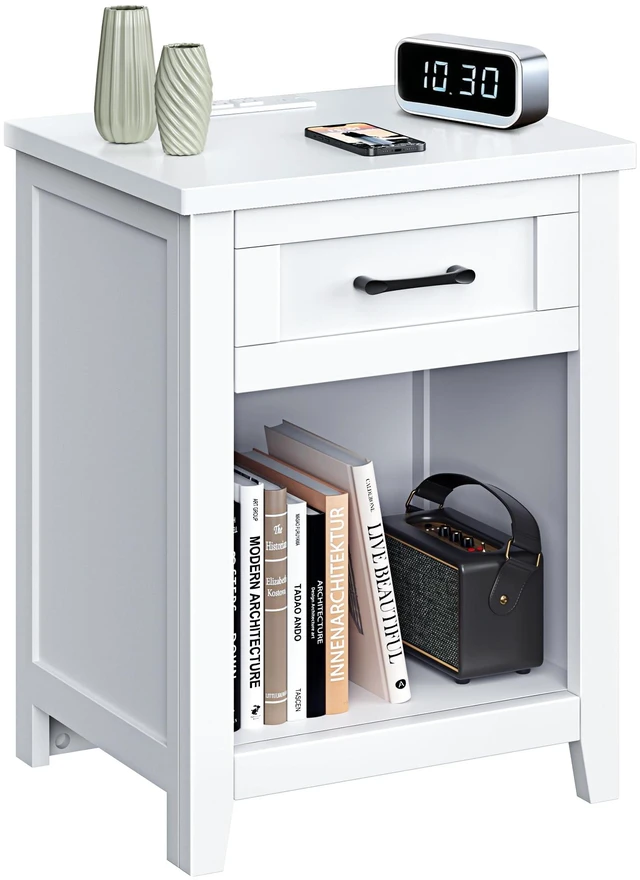 Main image of Farmhouse Nightstand with Charging Station, Pure White | AC Outlets, USB And Type C Ports, Drawer Storage, Open Shelf, Modern End Table For Bedrooms and Living Rooms